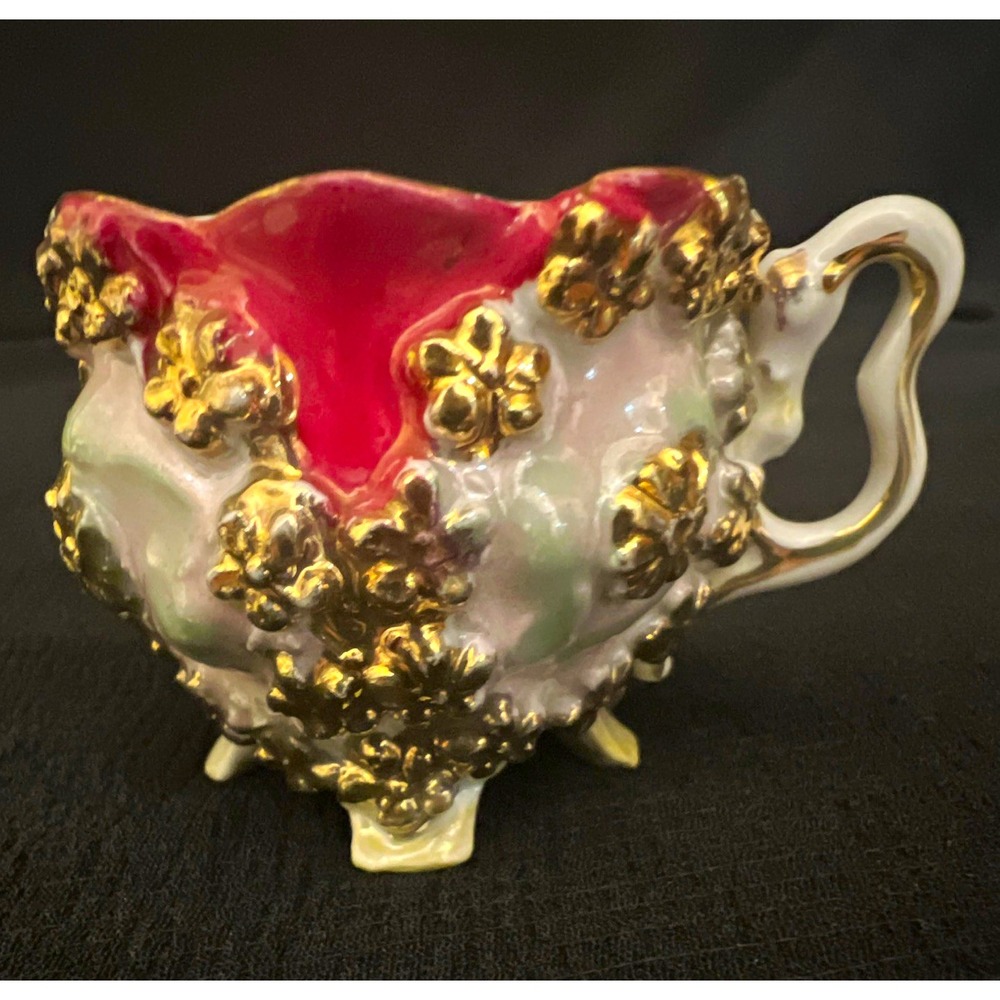 Antique Continental/German Porcelain Miniature Cabinet Cup 2" Footed Floral Gold